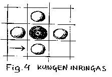 Bild av fem pjäser, varav fyra inringar den svarta i mitten. Texten i bilden berättar att kungen inringas.